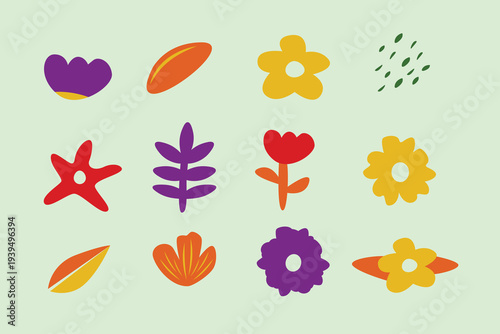 Spring Abstract hand drawn various shapes and Nature flowers and Leaves objects contemporary modern trendy vector Elements illustration.