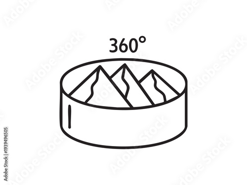 Panoramic view of mountains in circular frame with 360 degree symbol