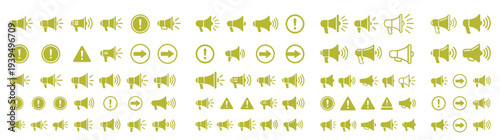 Large Professional Vector Icon Set of Green Megaphone and Alert Symbols for Marketing Announcement and Emergency Notification Featuring Bullhorns Warning Signs and Arrows