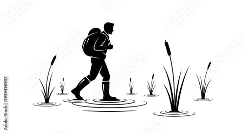 Sports silhouette of a person walking through water with cattails