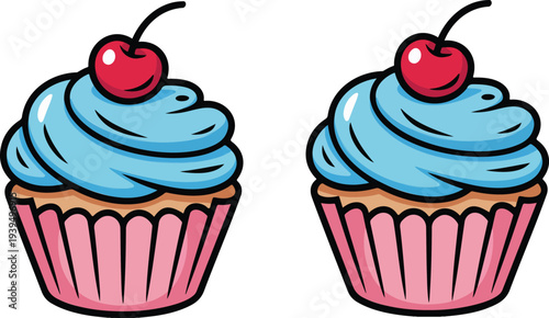 Cute cupcake dessert illustration with swirled frosting cherry topping and striped wrapper minimal sweet bakery icon isolated
