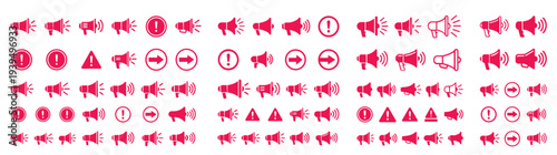 Professional Red Megaphone and Alert Icon Set for Marketing and Emergency Notification Featuring Bullhorn Warning Symbols and Arrows for Digital Design