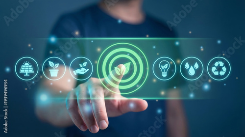 Renewable Green Energy Sustainability with Hand Touching Virtual Screen for Environmental Concept