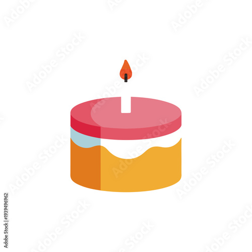 Colorful Birthday Cake with Lit Candle Flat Design