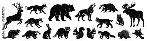 Large Vector Collection of Woodland Forest Animal Silhouettes Featuring Deer Bear Wolf Moose Fox and Owl for Wildlife Nature Design and Outdoor Education Projects