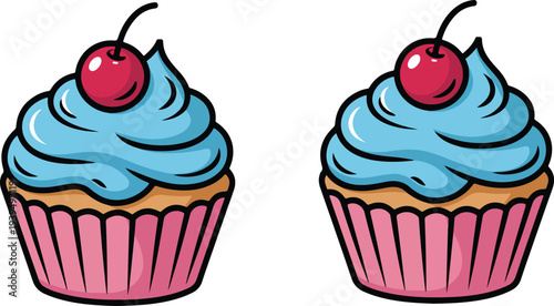 Cute cupcake dessert illustration with swirled frosting cherry topping and striped wrapper minimal sweet bakery icon isolated