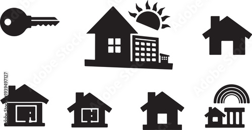 Black and white house icons with key and sunshine