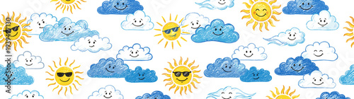 Seamless pattern of cute hand drawn cartoon suns and smiling clouds in sunny sky for nursery wallpaper children background and textile design vector illustration