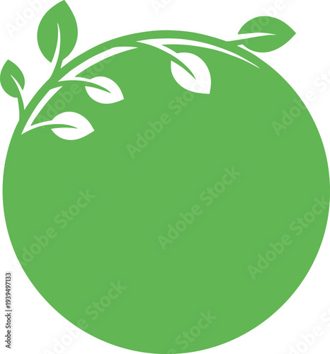A simple green circle graphic with a white leafy vine curving over the top symbolizing nature's growth