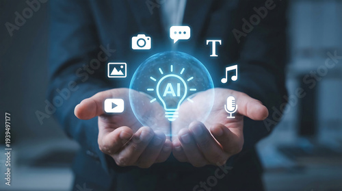 Artificial Intelligence AI Content Generation with Digital Media Icons for Creative Technology Concept