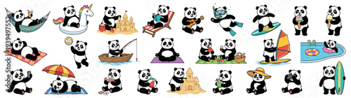 Large collection of cute cartoon panda characters enjoying summer vacation activities like surfing swimming and sunbathing isolated on white background vector illustration set
