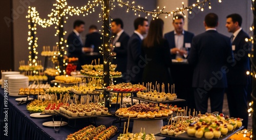 Elegant business networking event with appetizer buffet and string lights