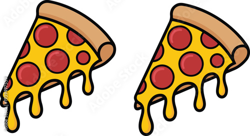 Minimal pepperoni pizza slice illustration with melted cheese drips bold outline cartoon fast food icon isolated on white