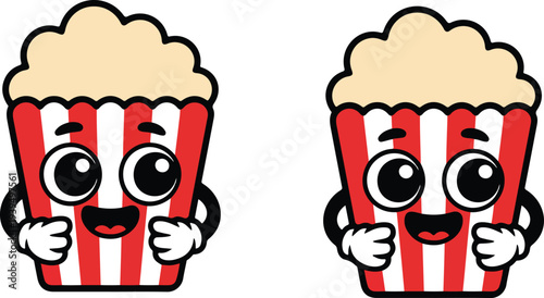 Cute popcorn mascot character illustration with striped movie theater bucket smiling face and thumbs up gesture cartoon snack icon