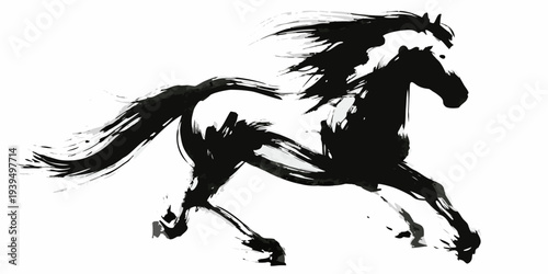 Dynamic black ink wash painting of a galloping horse in motion