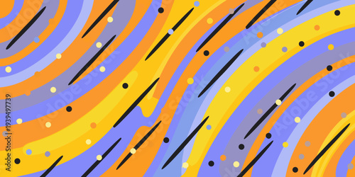 Abstract background featuring curved shapes lines and scattered colorful dots