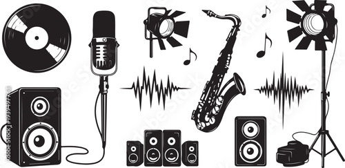 Music equipment and instruments for sound recording studio setup