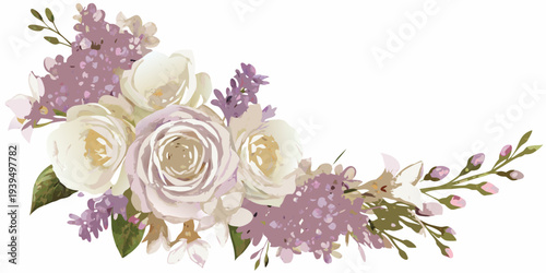 A delicate floral arrangement of roses lilac and small blooms