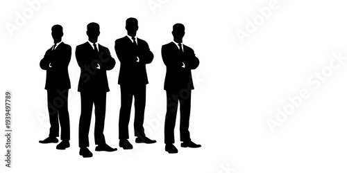 Four silhouetted businessmen standing with arms crossed against white