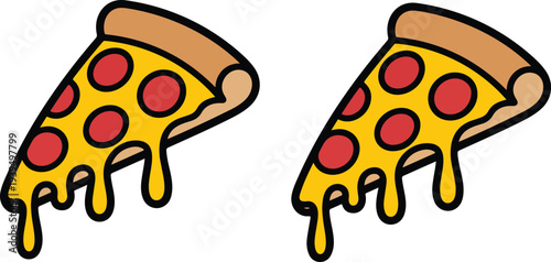 Minimal pepperoni pizza slice illustration with melted cheese drips bold outline cartoon fast food icon isolated on white