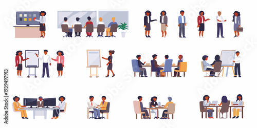 Diverse group of professionals collaborating in various office settings