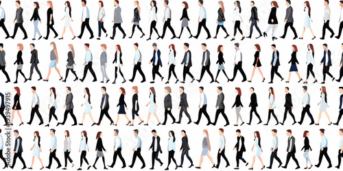 A diverse group of business people walking in a synchronized pattern