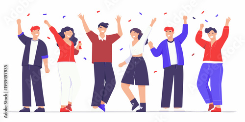 A diverse group of people celebrating with raised arms and confetti