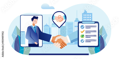 Successful business deal finalized remotely with a virtual handshake illustration