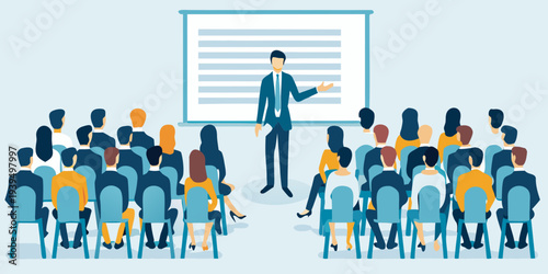 A business professional presents to a large audience in a conference setting