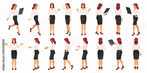 Businesswoman character poses a full body illustration set for various viewpoints