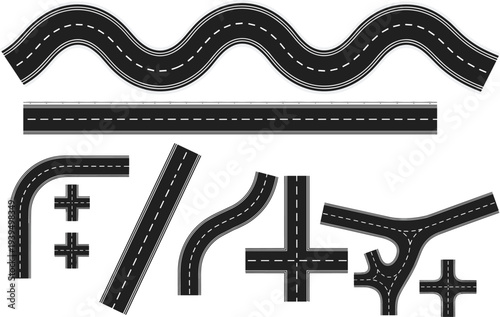 Stylized road segments and intersections vector illustration with straight, curved, wavy roads, T‑junctions, cross‑junctions, Y‑junctions, traffic simulation design elements