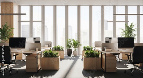 Modern office space with plants and computers on wooden desks