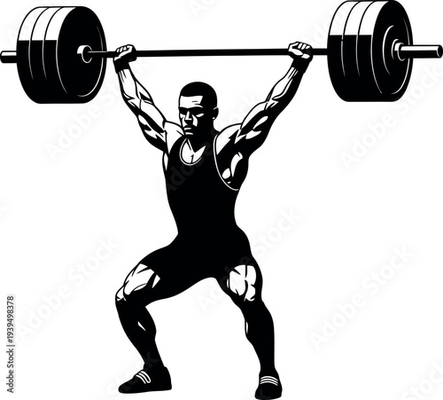 Sports silhouette of a weightlifter in action with barbell