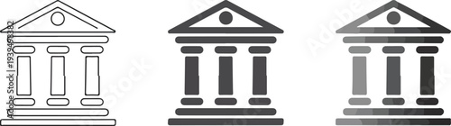 Minimal classical temple architecture icon set with line solid and gradient variations of columned building isolated on white background