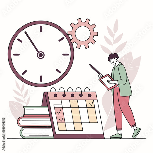  Student Managing Study Schedule with Calendar and Clock  Time Management Education Flat Vector Illustration