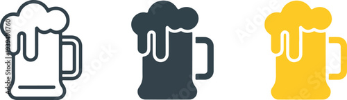 Minimal beer mug icon set showing outline silhouette and solid yellow frothy glass variations isolated for beverage bar pub design
