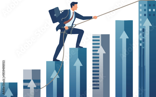 Determined Businessman Climbing Rising Financial Bar Chart Upward Toward Success and Corporate Growth Goals During Economic Market Recovery