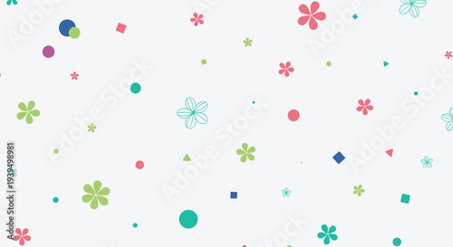 Playful seamless pattern with scattered colorful flowers dots and geometric shapes in pastel tones on a light grey background for decor.