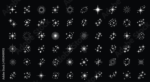 Collection of various white star shapes and sparkle symbols arranged in a grid pattern on a solid black background for design.