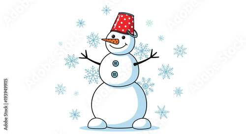 Smiling snowman character wearing a red polka dot bucket as a hat surrounded by various light blue snowflakes on white background.