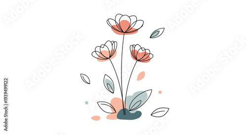 Artistic illustration of three thin line flowers with abstract pastel color shapes in shades of peach and teal on white ground.