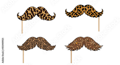 Set of four decorative mustache props on sticks featuring animal print patterns like leopard and stylized feather textures for parties.