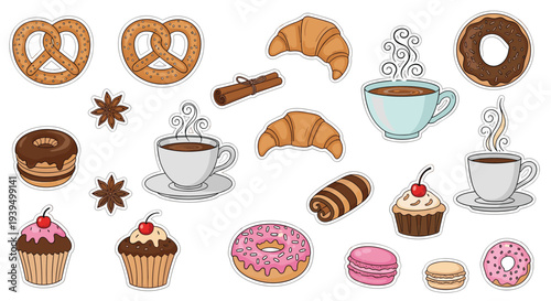 Assorted collection of sweet treat stickers featuring donuts, cupcakes, croissants, pretzels, cinnamon rolls, and hot coffee cups.