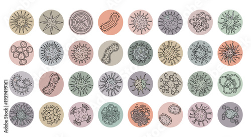 Collection of thirty two diverse microbe and virus illustrations presented in soft colored circles depicting different types of pathogens.