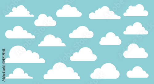 Large collection of various simple white cloud shapes scattered across a solid light blue sky background for flat design projects.