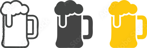 Minimal beer mug icon set showing outline silhouette and solid yellow frothy glass variations isolated for beverage bar pub design