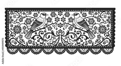 Traditional black paper cut style border design featuring symmetrical birds perched on flowering branches with intricate floral motifs.