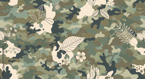 Modern camouflage pattern in green and tan shades overlaid with delicate line drawings of leaves and small white flowers.