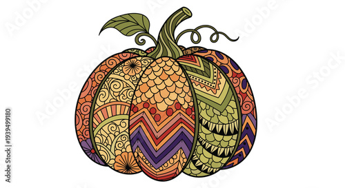 Detailed illustration of a pumpkin decorated with intricate colorful zentangle and geometric patterns for autumn or halloween decor.