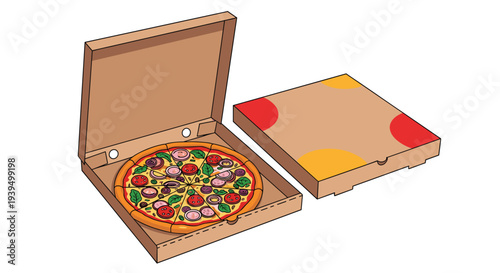Illustration of a delicious looking pizza with various toppings inside an open cardboard delivery box with a colorful lid design.